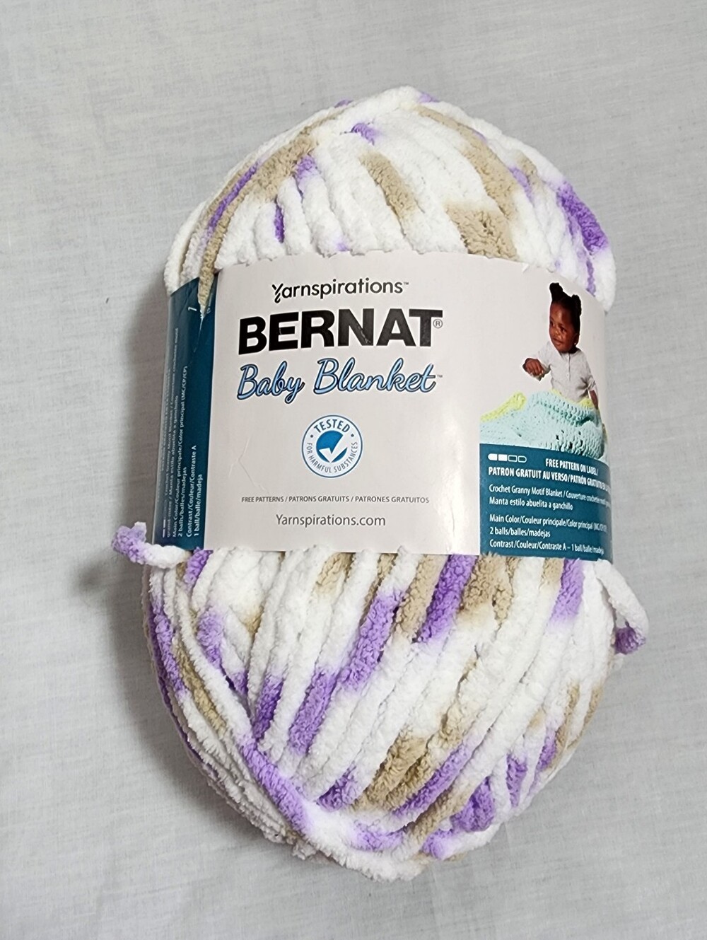 Bernat Baby Blanket Plush Chenille Yarn - White, Lavender & Tan Knitting Crochet